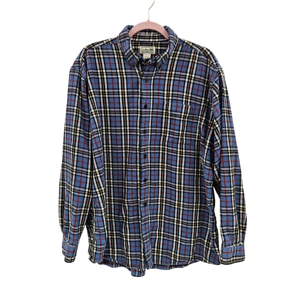 LL Bean Shirt Mens XL Blue Plaid Flannel Button Down Long Sleeve Pocket Outdoors
